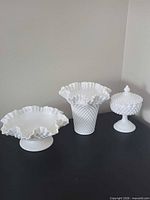 Group shot showing all three hobnail milk glass pieces