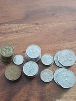 Overview of stacked coins showing various denominations