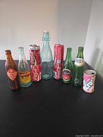 All ten bottles and cans lined up on table