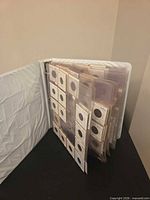 White binder partially open showing numerous pages of coin flips