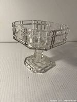 Overall view of clear pressed glass compote showing octagonal bowl and pedestal foot