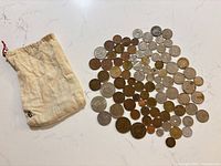 overview of coin assortment with pouch