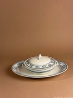 Tureen with lid on platter showing matching pattern