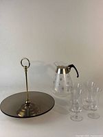 All items grouped: smoked glass tray, Pyrex coffee pot, four glasses