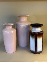 Front view of all three Scheurich Keramik vases showing full shapes and colors