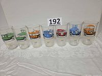 Front view of all seven Hazel Atlas antique car glasses