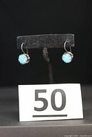 Earrings on display stand, front view showing opal cabochons