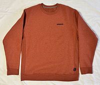Front view of quartz coral Patagonia crewneck showing small chest logo and overall condition