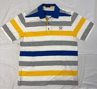 Front view of striped polo shirt showing overall design and colours
