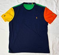 Front view of color-blocked T-shirt showing overall design and colours