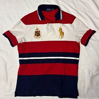 Front view of red, white and navy striped Polo Ralph Lauren shirt