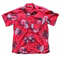 Front view of red Hawaiian shirt showing overall pattern, collar, buttons and pocket