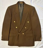 Full view of blazer front, showing color, lapels and button arrangement