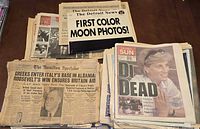 Stack showing Hamilton Spectator 1940 FDR issue, Detroit News moon landing issues, Toronto Sun Princess Diana issue