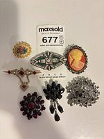 All seven brooches overview around lot tag