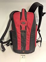 Front view of Lowepro Flipside 300 backpack showing red and black exterior