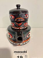 Front view of stacked teapot set showing facial motif and lid