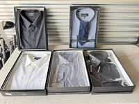 Front view showing all five boxed shirts