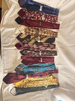 All twelve ties laid flat showing patterns and colours