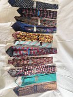 All 11 neckties laid out showing patterns and labels