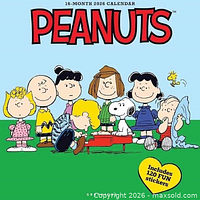 Front cover of Peanuts 2026 calendar showing characters and sticker note