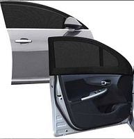Marketing image showing two car doors fitted with black mesh sunshades
