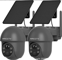 Front view of two ARCCTV cameras with solar panels attached