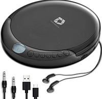 Marketing image showing Deluxe Products portable CD player, earbuds, aux cable, USB cable