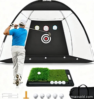 marketing image showing assembled net, mat, balls, tee, bag