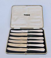 Open box showing six dessert cutters in velvet lining