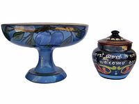 Pedestal bowl and covered jar, front view