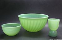Group view of jadeite mixing bowl, small bowl, and double egg cup