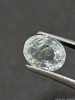 Front view of oval aquamarine held by tweezers