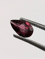 Pear-cut garnet held by tweezers showing overall shape and color