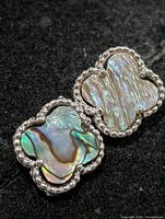 Front view of both earrings showing mother-of-pearl inlay and silver border