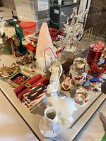Tabletop view showing majority of assorted Christmas decorations