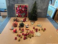 Overview of all items on table including tree, advent calendar, ornaments and bells