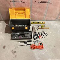 Overall lot showing toolbox, tray and all hand tools laid out