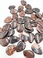 Group of polished teardrop leopard skin jasper beads laid out on white background