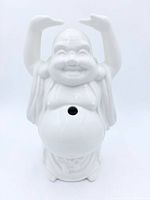 Front view of white ceramic Hotei tiki mug