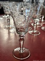 Front view of single etched crystal stemware glass