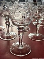 Group of etched crystal stemware glasses showing pattern and stems