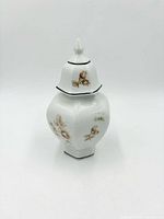 Front view showing shape, lid and floral design