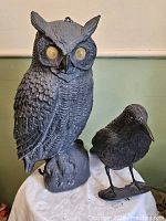 Front view of plastic owl and crow decoys