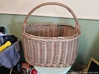 Front view showing full basket and handle