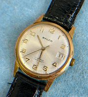 Front view of watch showing dial, crystal, case, strap