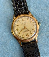 Front view of PERMA watch showing dial, hands, case and strap texture