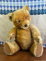 Front view of seated mohair teddy bear showing glass eyes, stitched nose, jointed limbs