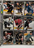 Binder page of nine hockey cards featuring various players in black uniforms