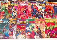 Front view of twelve Marvel The Defenders comics laid out showing covers and issue numbers